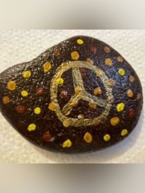 Hand-Painted Peace Sign  Rock - Brown with Gold Dots..0.27 lb. (1/4 pound)..